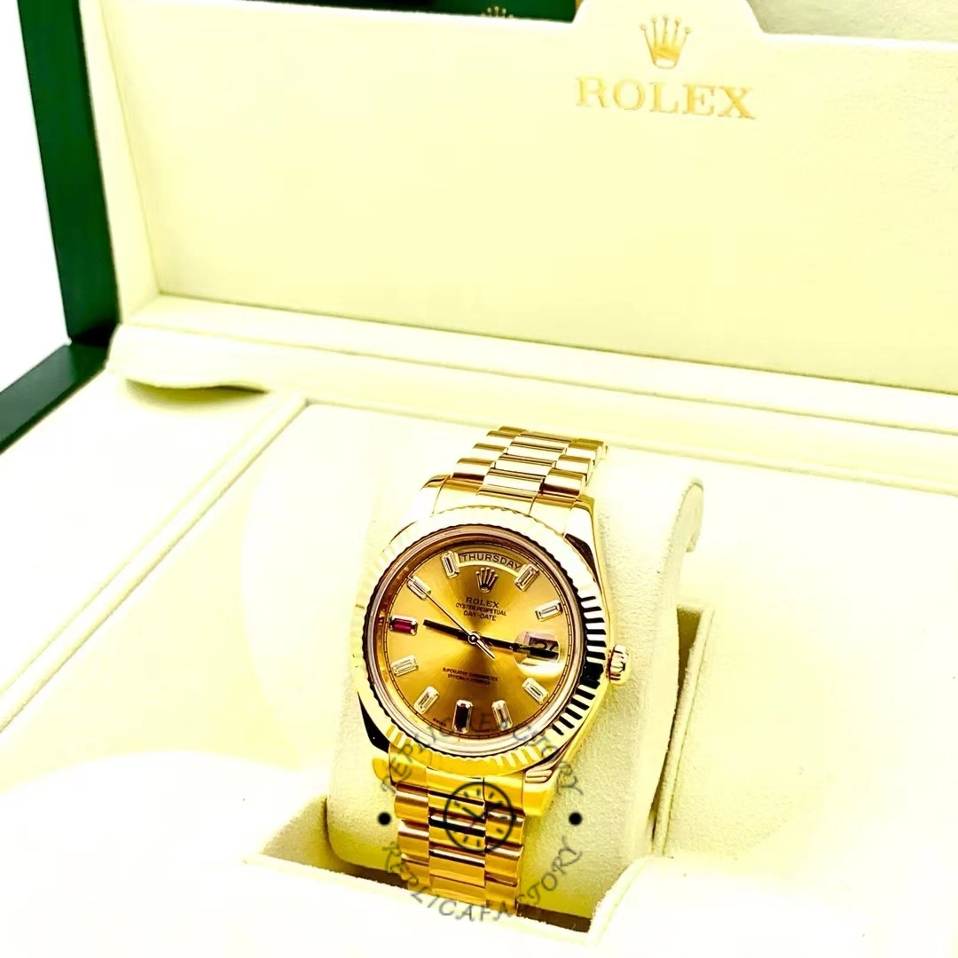 Rolex Day-Date 218238 Champagne Ruby Dial Yellow Gold 41MM Mens Replica Watch
