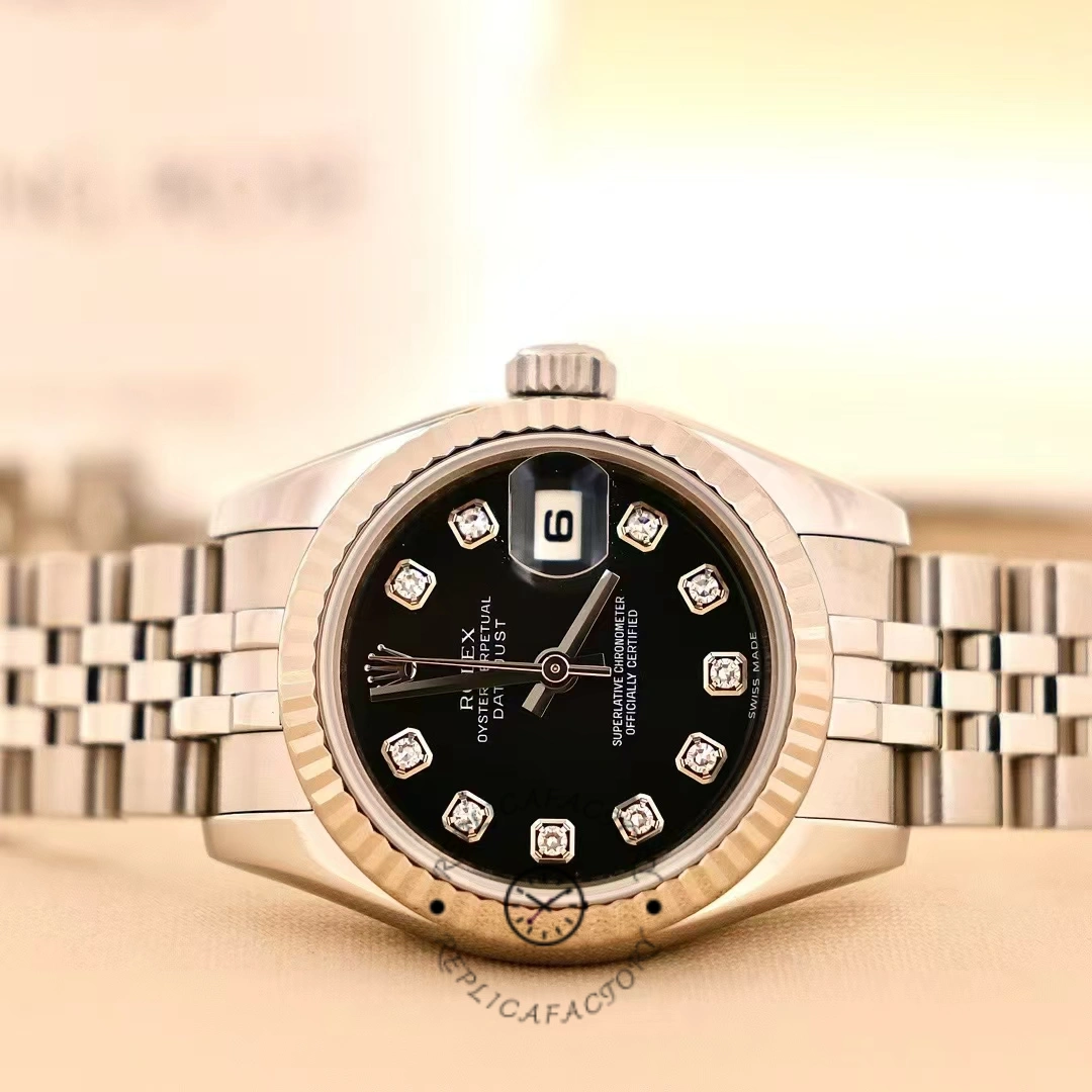 Rolex Datejust 179174 Black Diamond Dial Fluted Bezel 26MM Lady Replica Watch