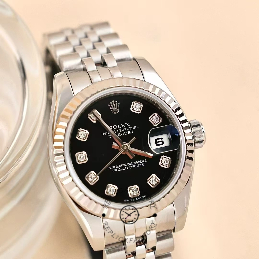 Rolex Datejust 179174 Black Diamond Dial Fluted Bezel 26MM Lady Replica Watch