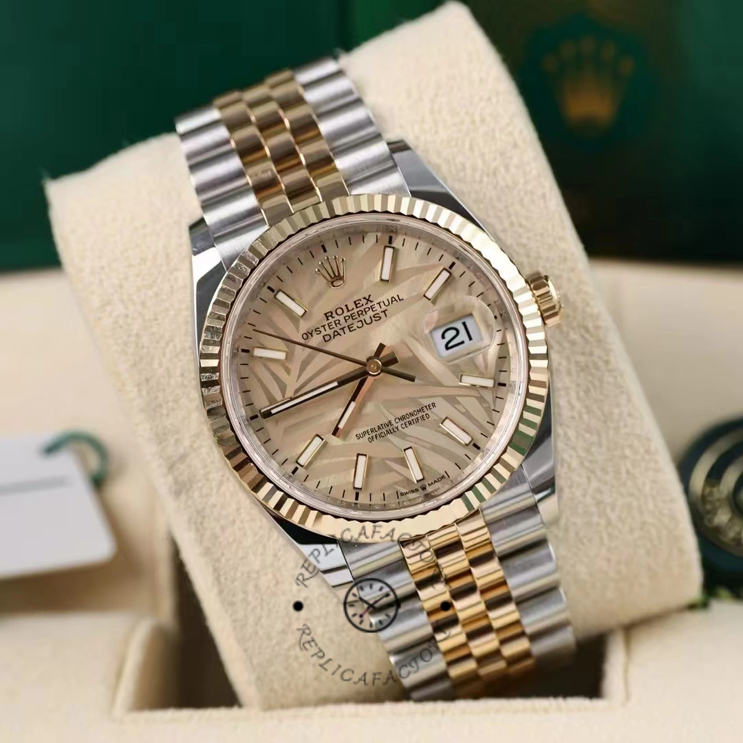 Rolex Datejust 126233 Golden Palm Motif Dial Fluted Bezel 36MM Unisex Replica Watch