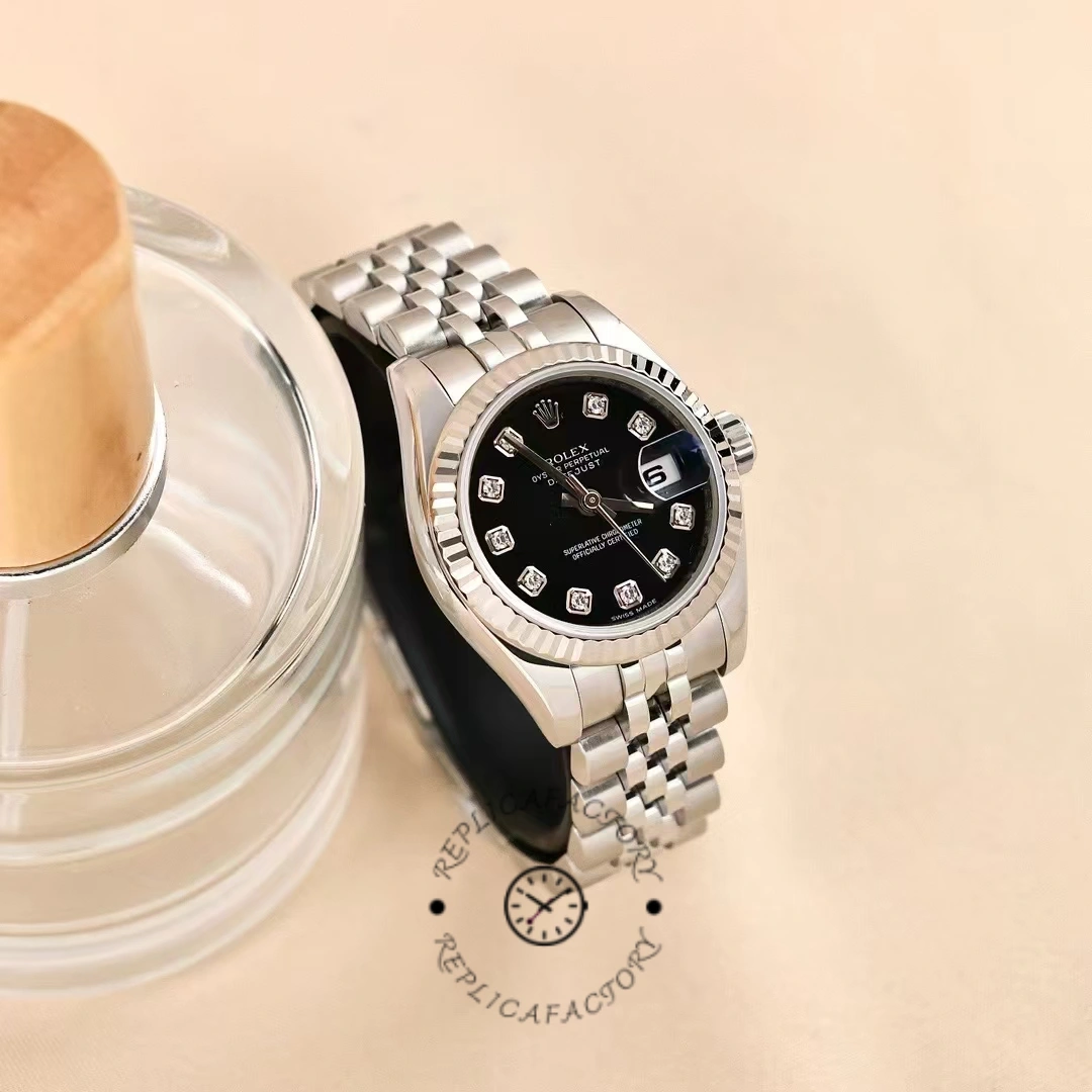 Rolex Datejust 179174 Black Diamond Dial Fluted Bezel 26MM Lady Replica Watch