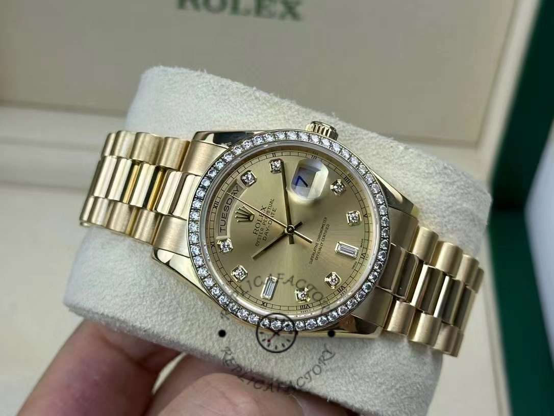 Rolex Day Date 118348 Champagne diamond Dial Yellow Gold 36mm Unisex Replica Watch