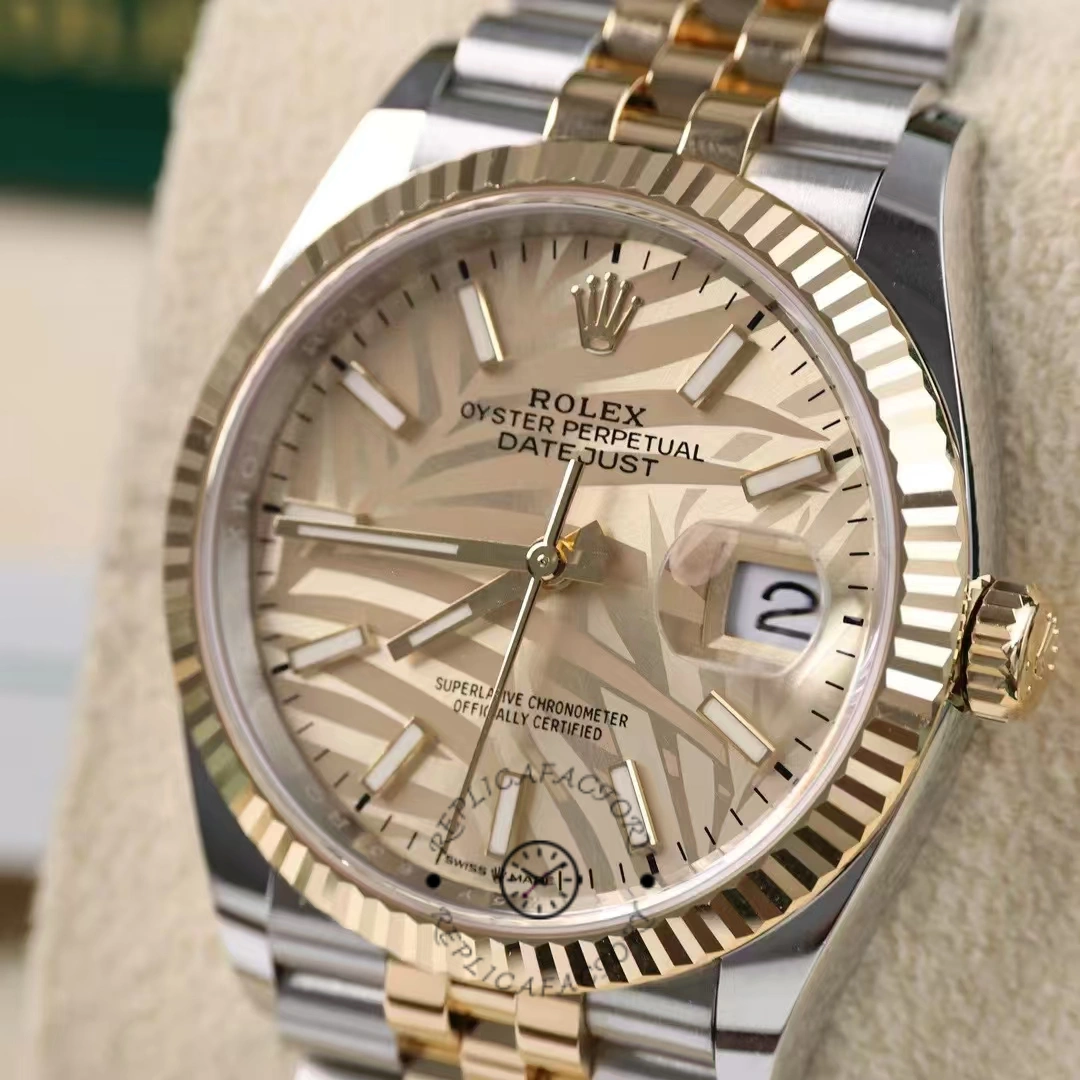 Rolex Datejust 126233 Golden Palm Motif Dial Fluted Bezel 36MM Unisex Replica Watch