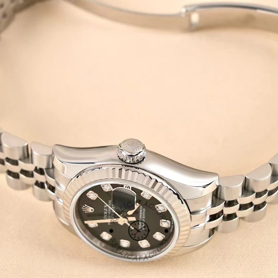 Rolex Datejust 179174 Black Diamond Dial Fluted Bezel 26MM Lady Replica Watch