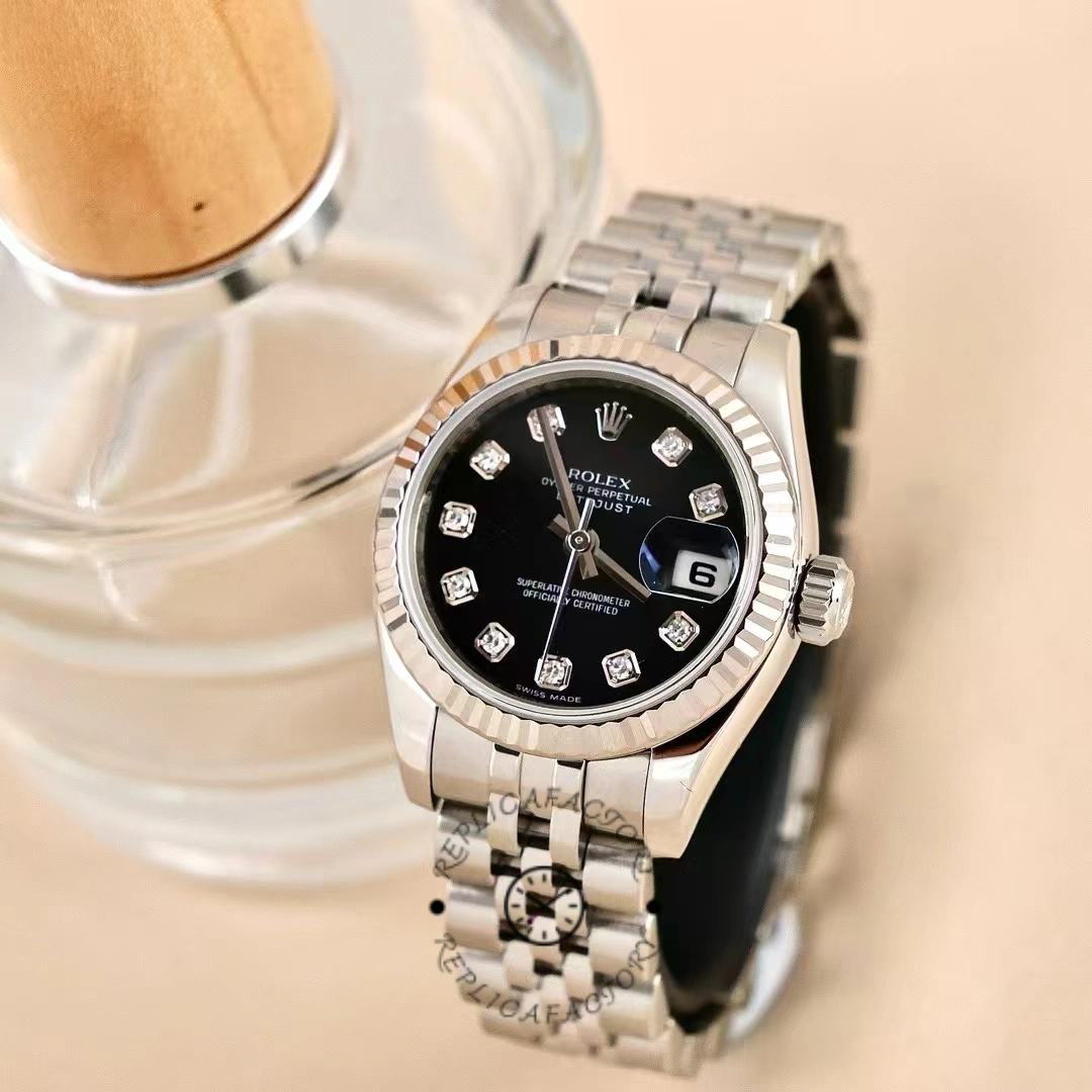 Rolex Datejust 179174 Black Diamond Dial Fluted Bezel 26MM Lady Replica Watch