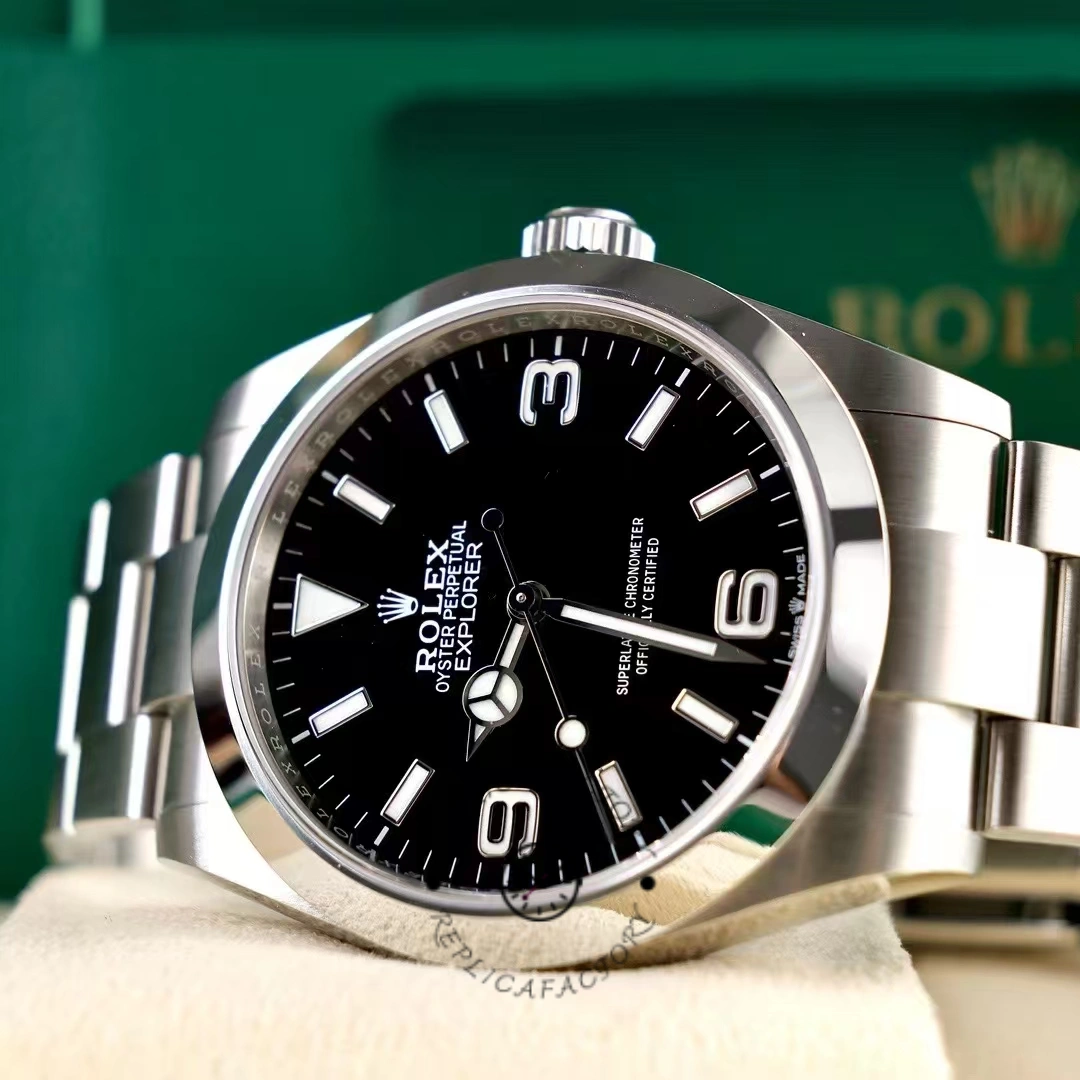 Angled view of Rolex Explorer 224270 showing smooth bezel and luminous hour markers.