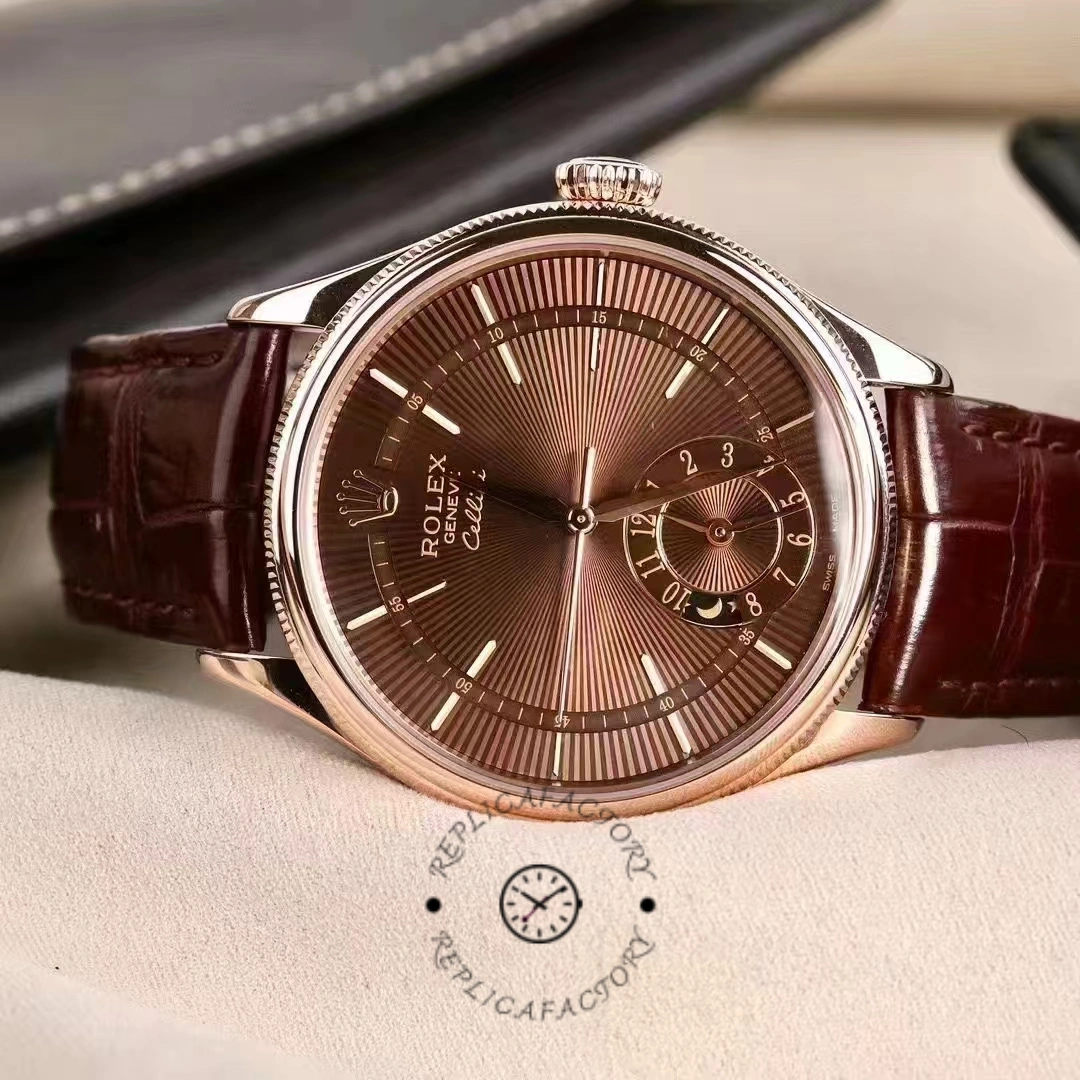 Rolex Cellini Dual Time 50525 Brown Guilloche Dial Brown Leather Strap 39mm Mens Replica Watch