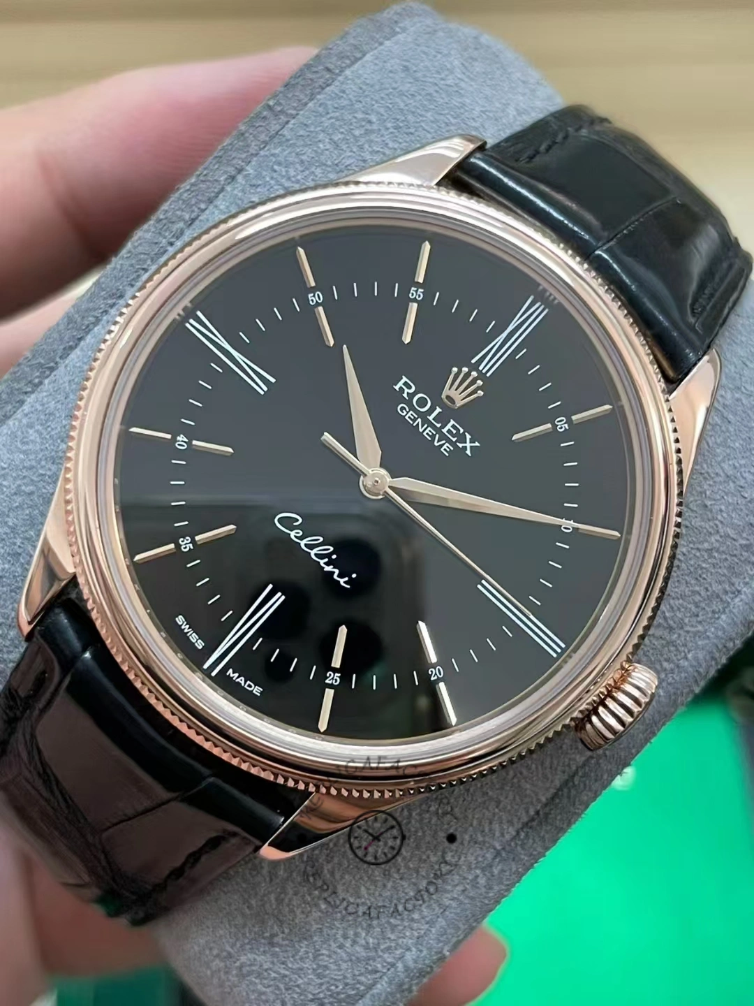 Rolex Cellini Time 50505 Black Leather Strap Black Dial 39mm Mens Replica Watch