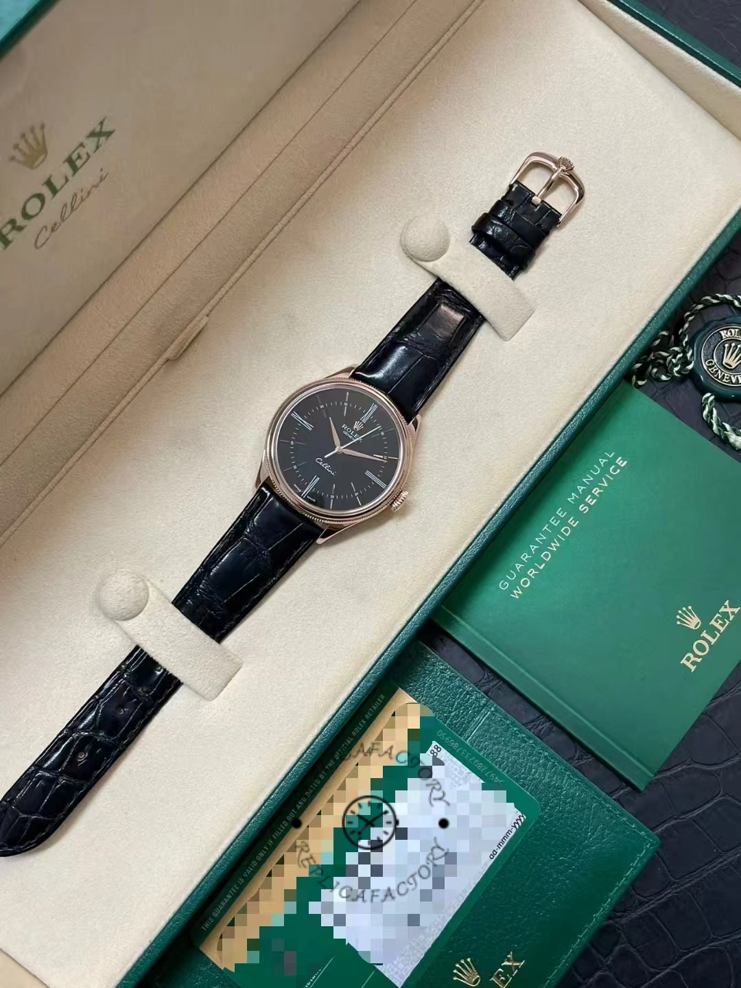 Rolex Cellini Time 50505 Black Leather Strap Black Dial 39mm Mens Replica Watch