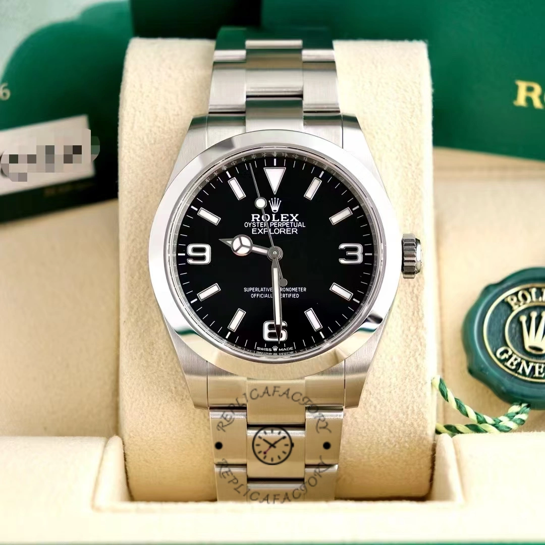 Rolex Explorer 224270 with black dial and 3,6,9 numerals displayed in box with green Rolex tag.