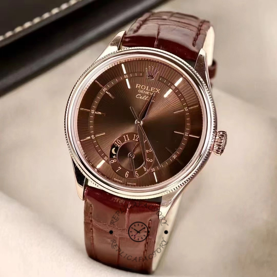 Rolex Cellini Dual Time 50525 Brown Guilloche Dial Brown Leather Strap 39mm Mens Replica Watch