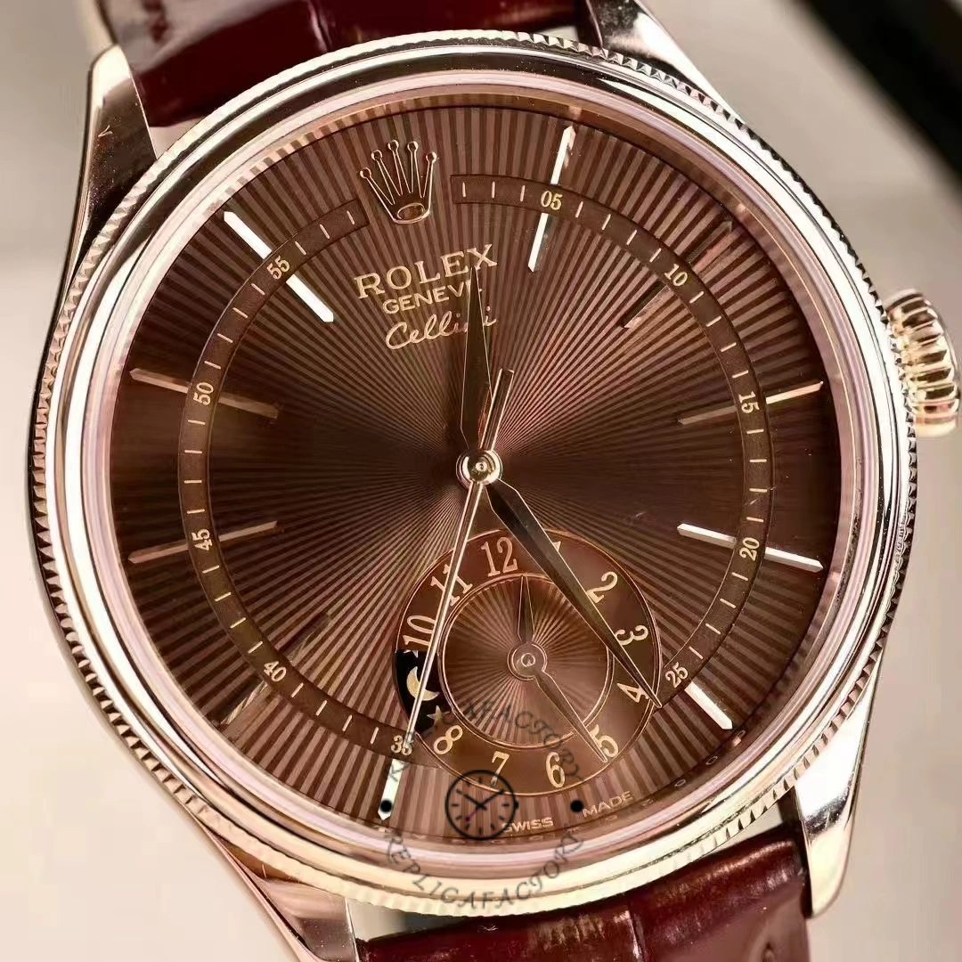 Rolex Cellini Dual Time 50525 Brown Guilloche Dial Brown Leather Strap 39mm Mens Replica Watch