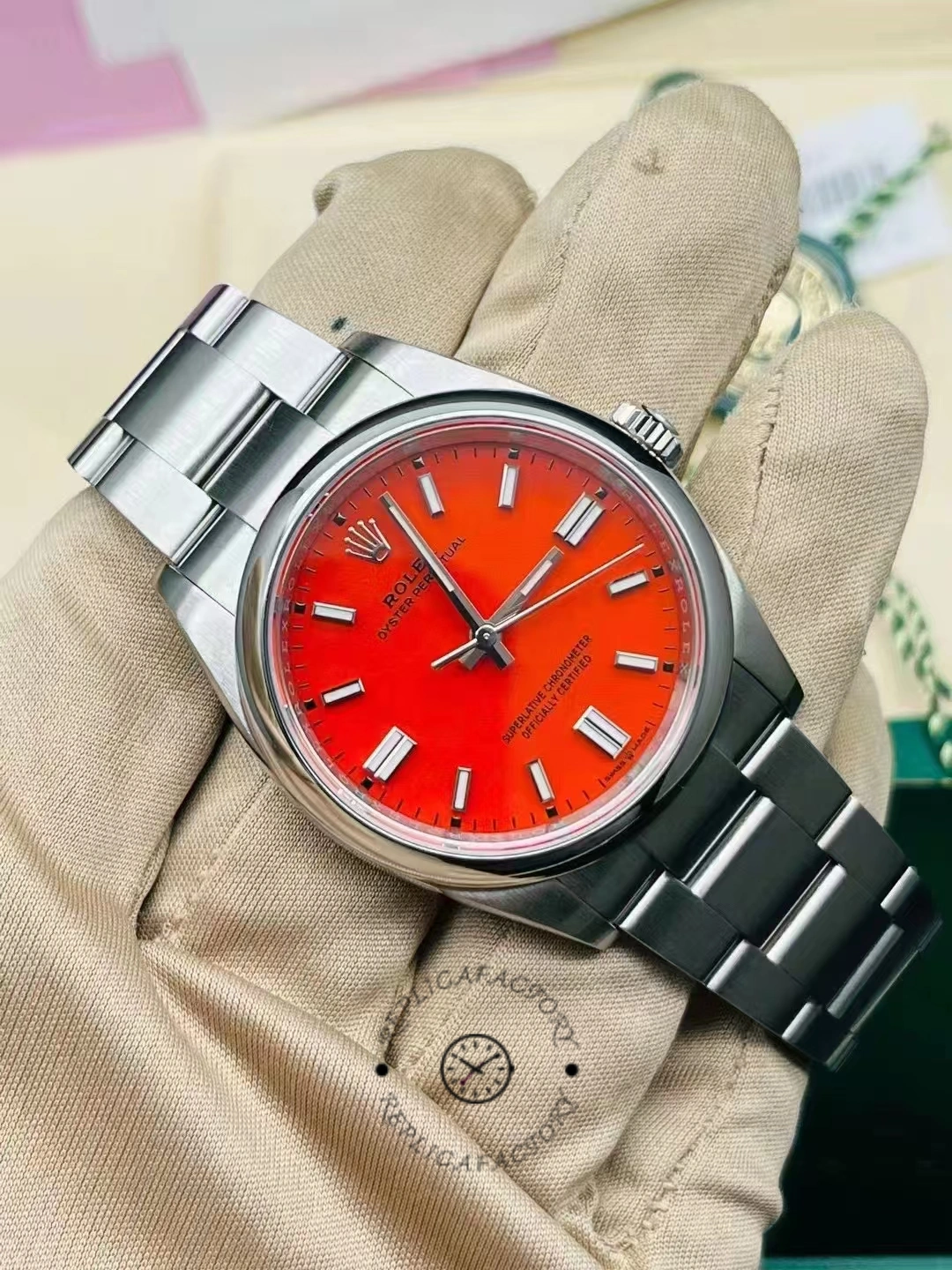 Rolex Oyster Perpetual Coral Red Dial Oyster Bracelet 126000 0007