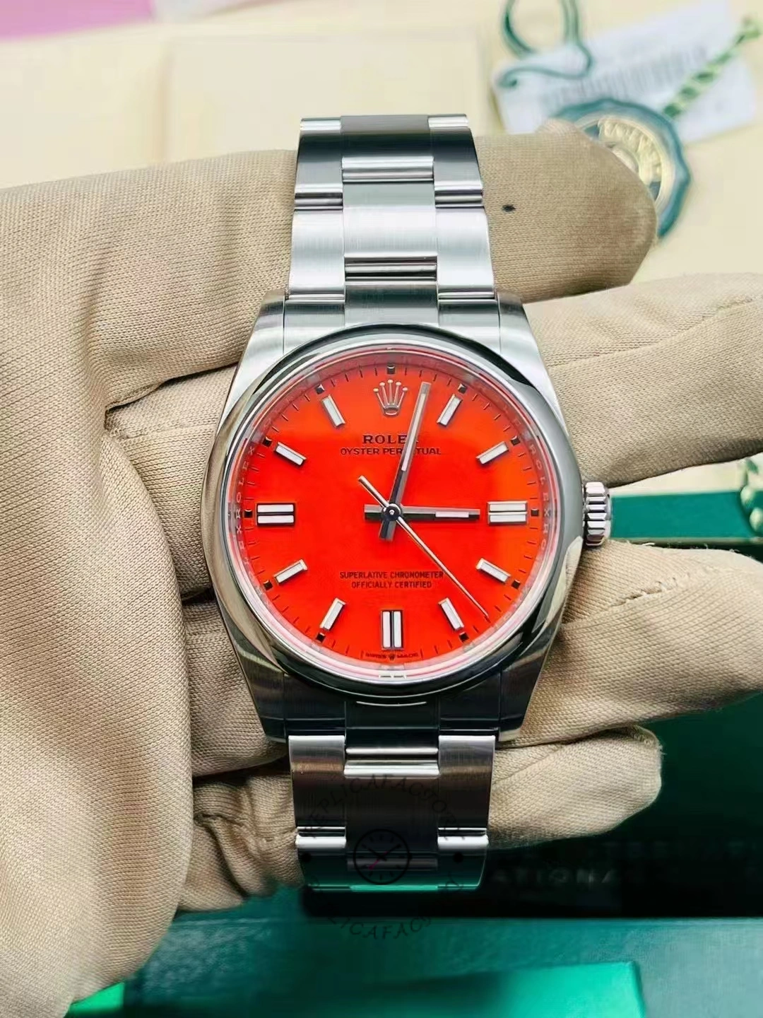 Rolex Oyster Perpetual Coral Red Dial Oyster Bracelet 126000 0007