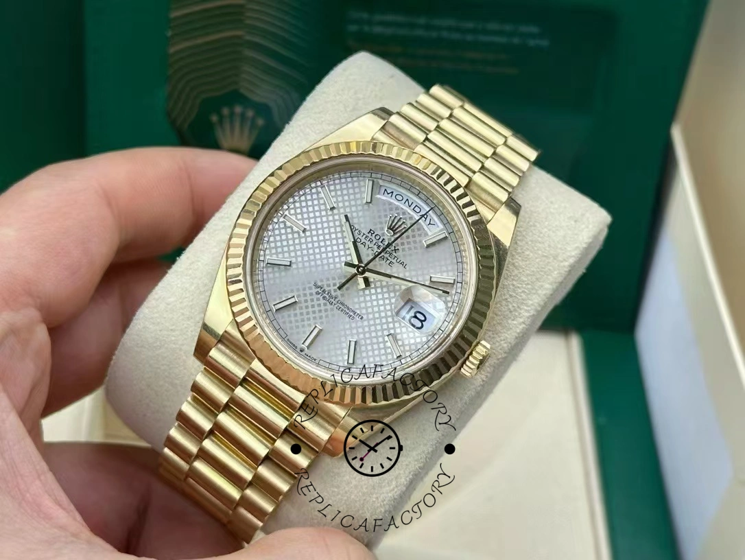 Rolex Day-Date 228348RBR Silver Diagonal Motif Dial Diamond Bezel 40mm Mens Replica Watch