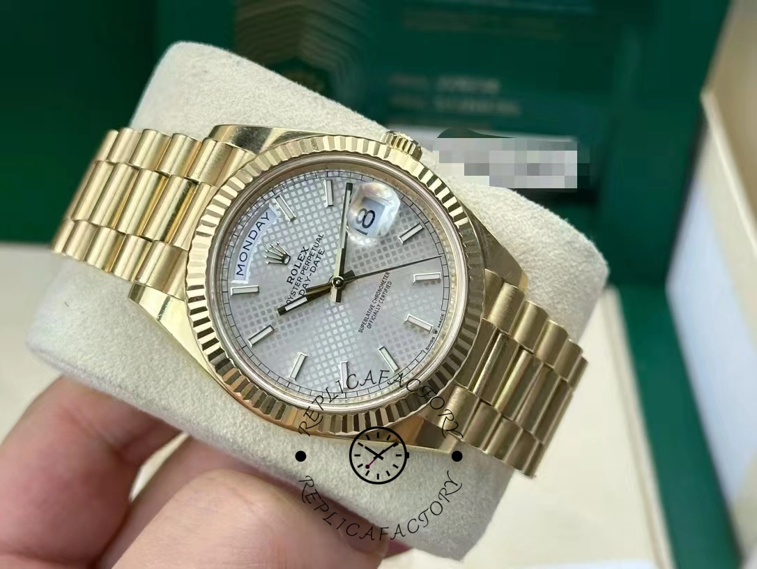 Rolex Day-Date 228348RBR Silver Diagonal Motif Dial Diamond Bezel 40mm Mens Replica Watch