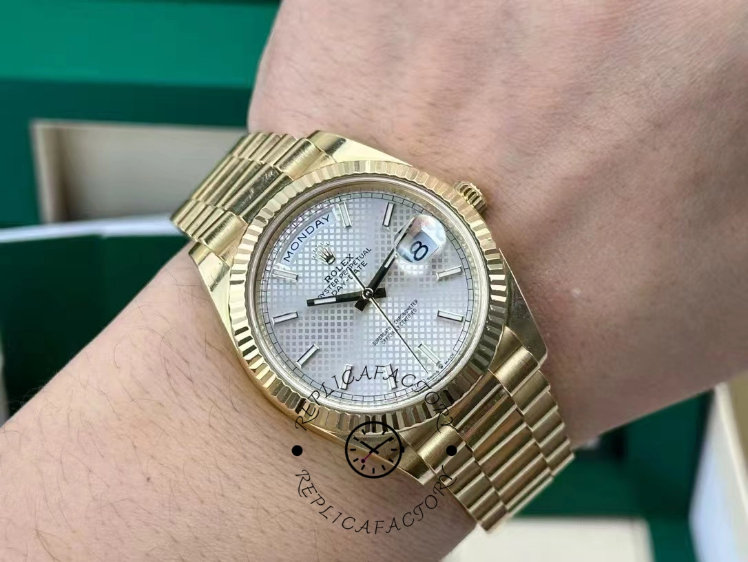 Rolex Day-Date 228348RBR Silver Diagonal Motif Dial Diamond Bezel 40mm Mens Replica Watch