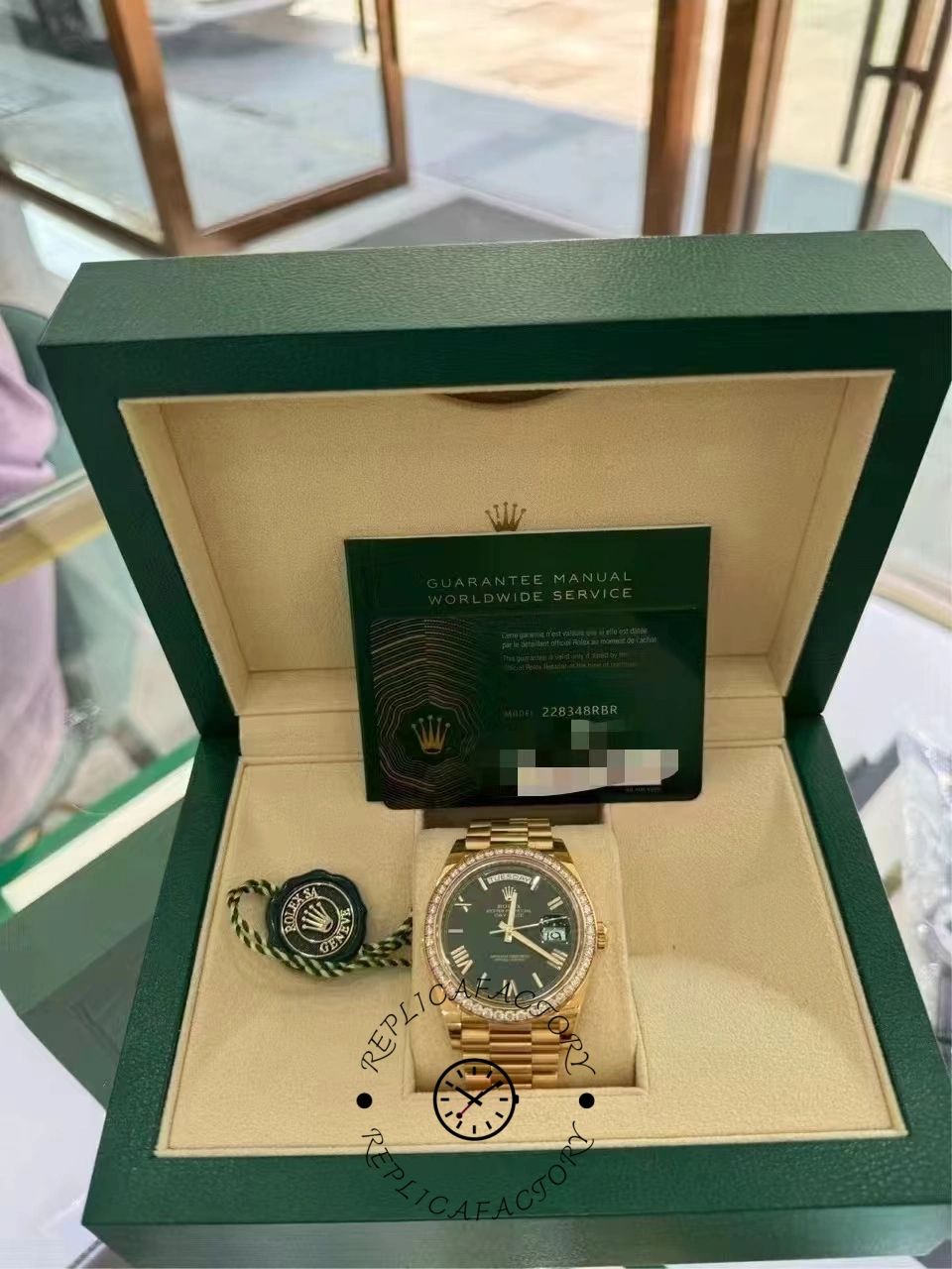 Rolex Day Date 40 18K Yellow Gold Green Dial Diamond Bezel M228348RBR 0040