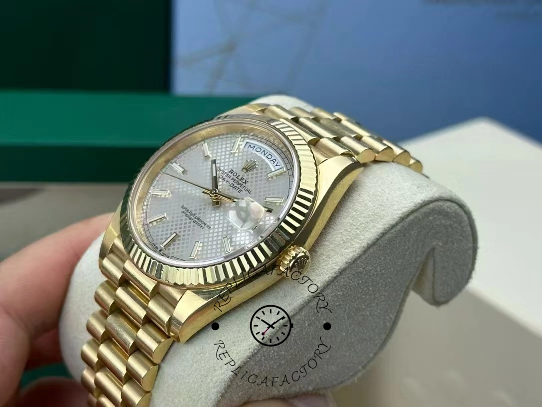 Rolex Day-Date 228348RBR Silver Diagonal Motif Dial Diamond Bezel 40mm Mens Replica Watch
