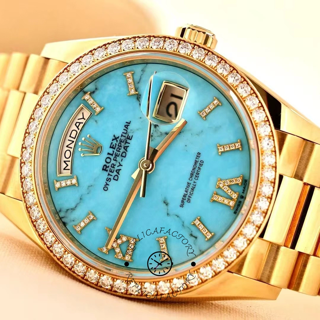 Rolex Day-Date 128348RBR Turquoise Diamond Dial Yellow Gold 36MM Unisex Replica Watch