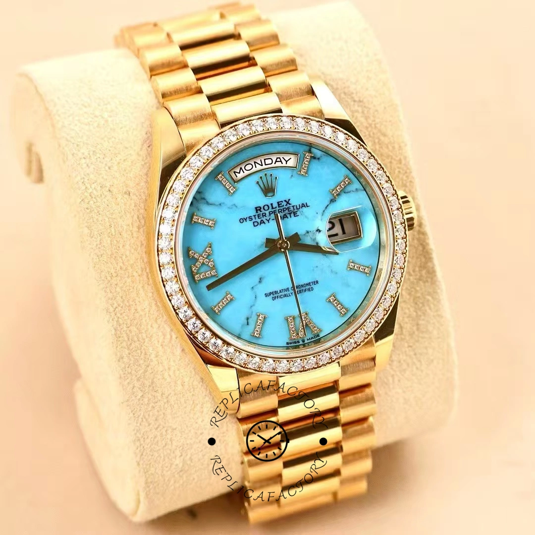 Rolex Day-Date 128348RBR Turquoise Diamond Dial Yellow Gold 36MM Unisex Replica Watch