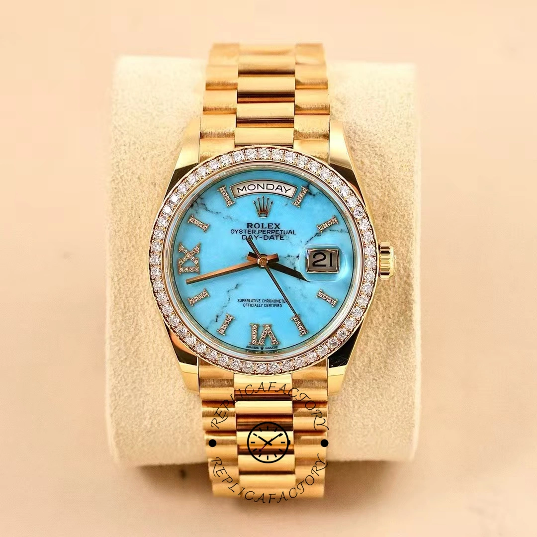 Rolex Day-Date 128348RBR Turquoise Diamond Dial Yellow Gold 36MM Unisex Replica Watch