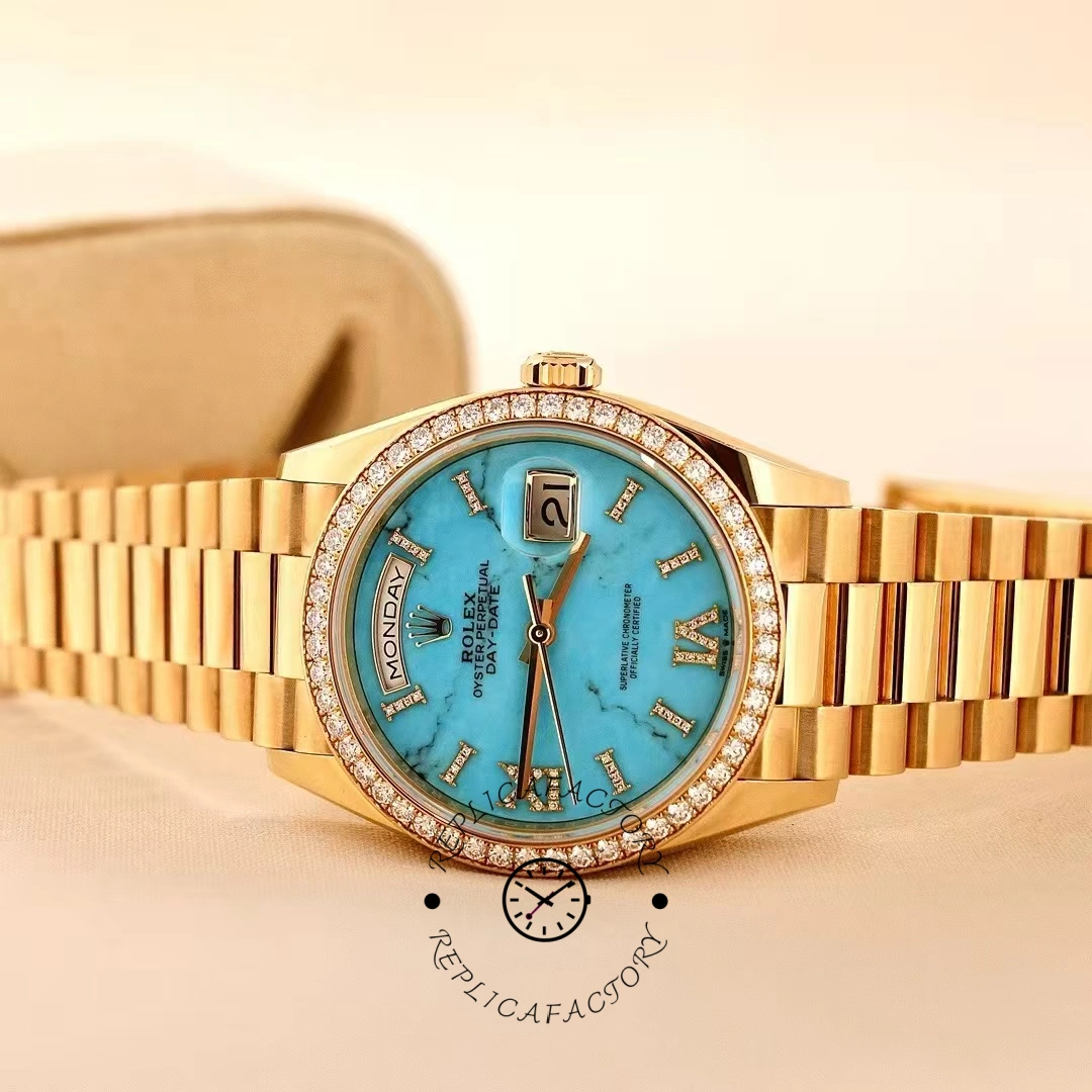 Rolex Day-Date 128348RBR Turquoise Diamond Dial Yellow Gold 36MM Unisex Replica Watch