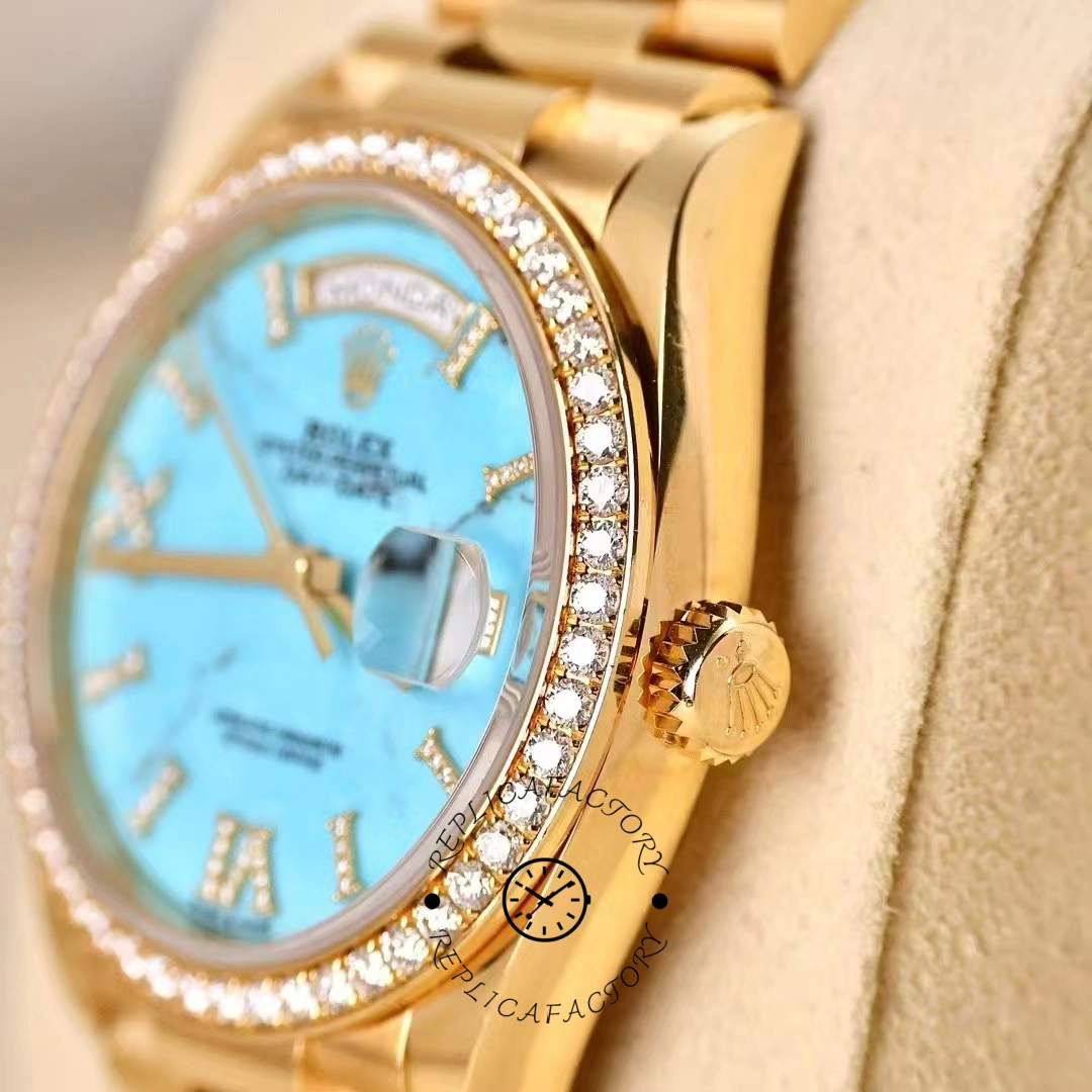 Rolex Day-Date 128348RBR Turquoise Diamond Dial Yellow Gold 36MM Unisex Replica Watch