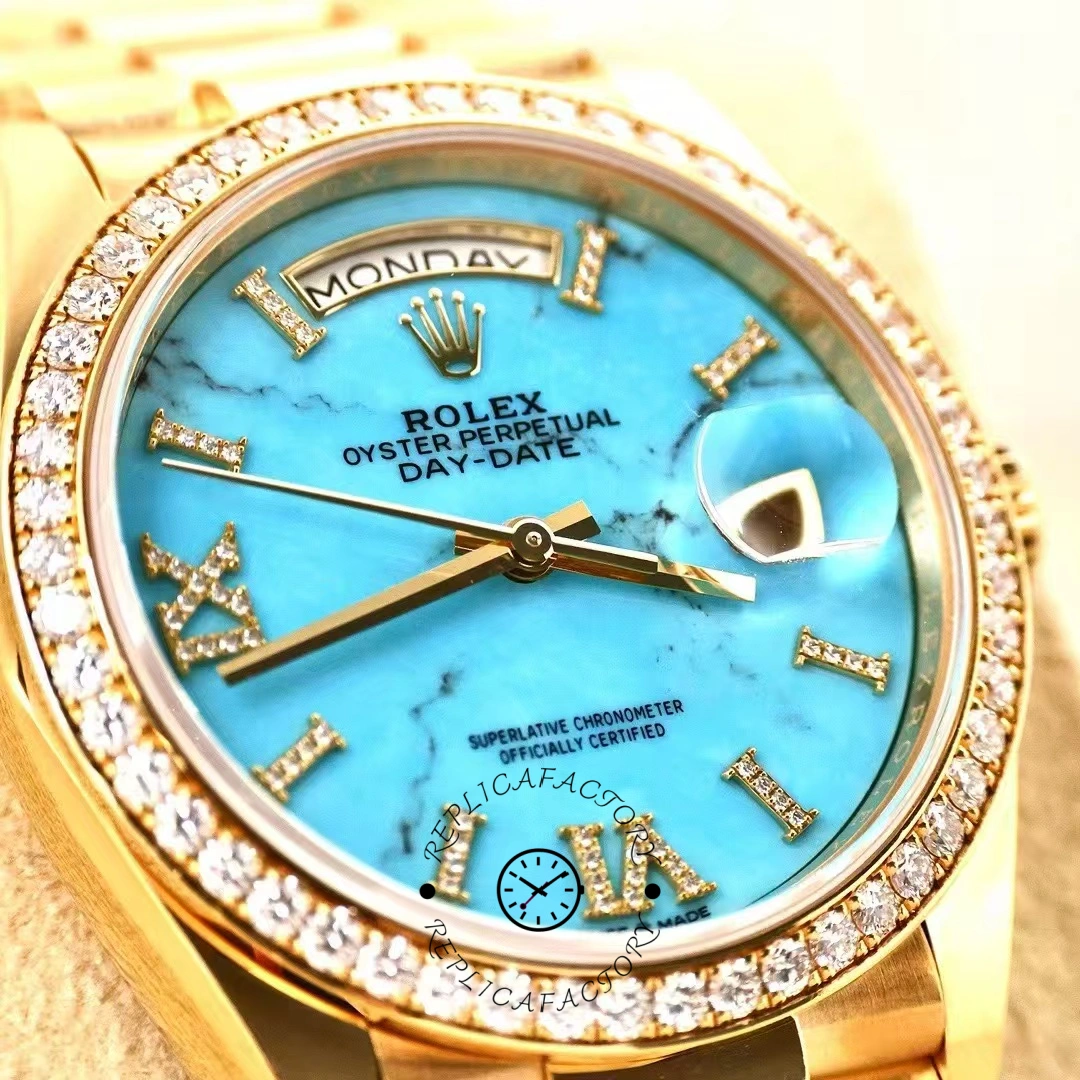 Rolex Day-Date 128348RBR Turquoise Diamond Dial Yellow Gold 36MM Unisex Replica Watch