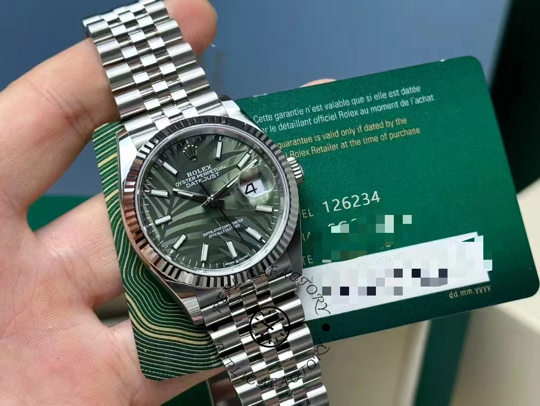 Rolex Datejust 36mm Fluted Bezel Green Palm Index Dial Jubilee 126234 0047