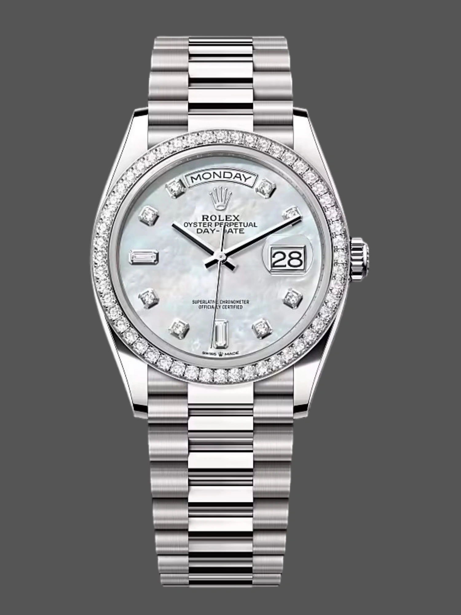 Rolex Day-Date 128349RBR White Mother of Pearl Dial Diamond Bezel 36MM Lady Replica Watch