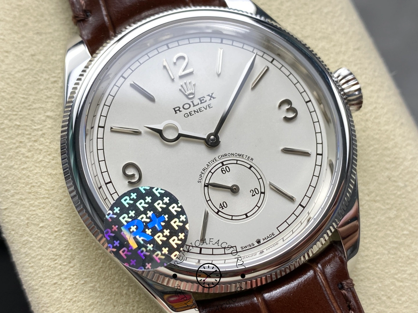 Close-up of Rolex Perpetual 1908 52509-0006 highlighting silver dial and Arabic numerals.