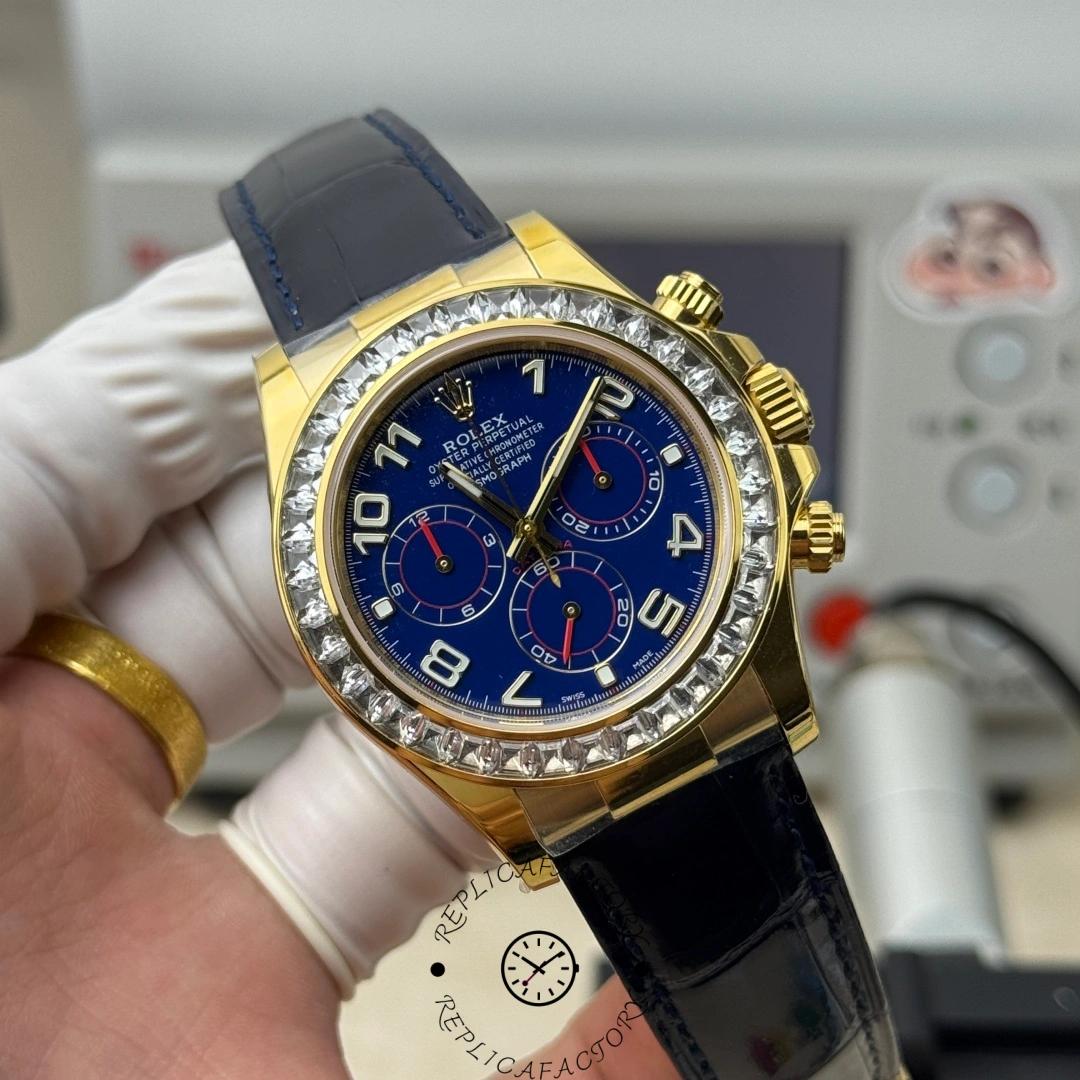 Angled view of Rolex Daytona 116518 with gold case, diamond bezel, and blue dial.
