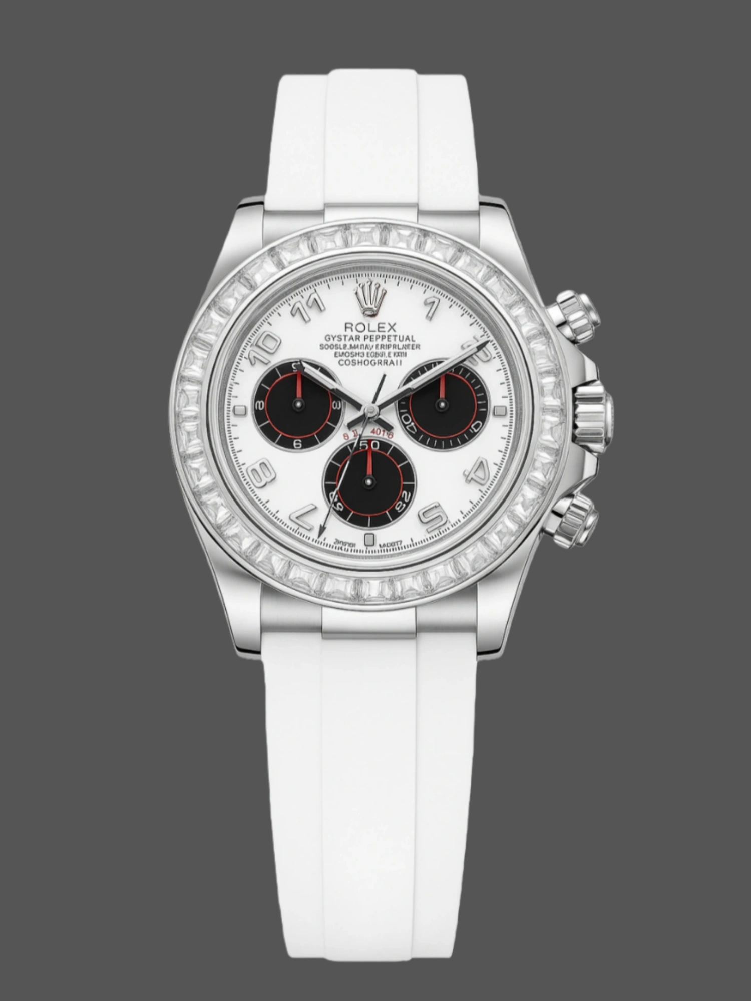 Front view of Rolex Daytona 116519 Diamond Edition with white dial and rubber strap.
