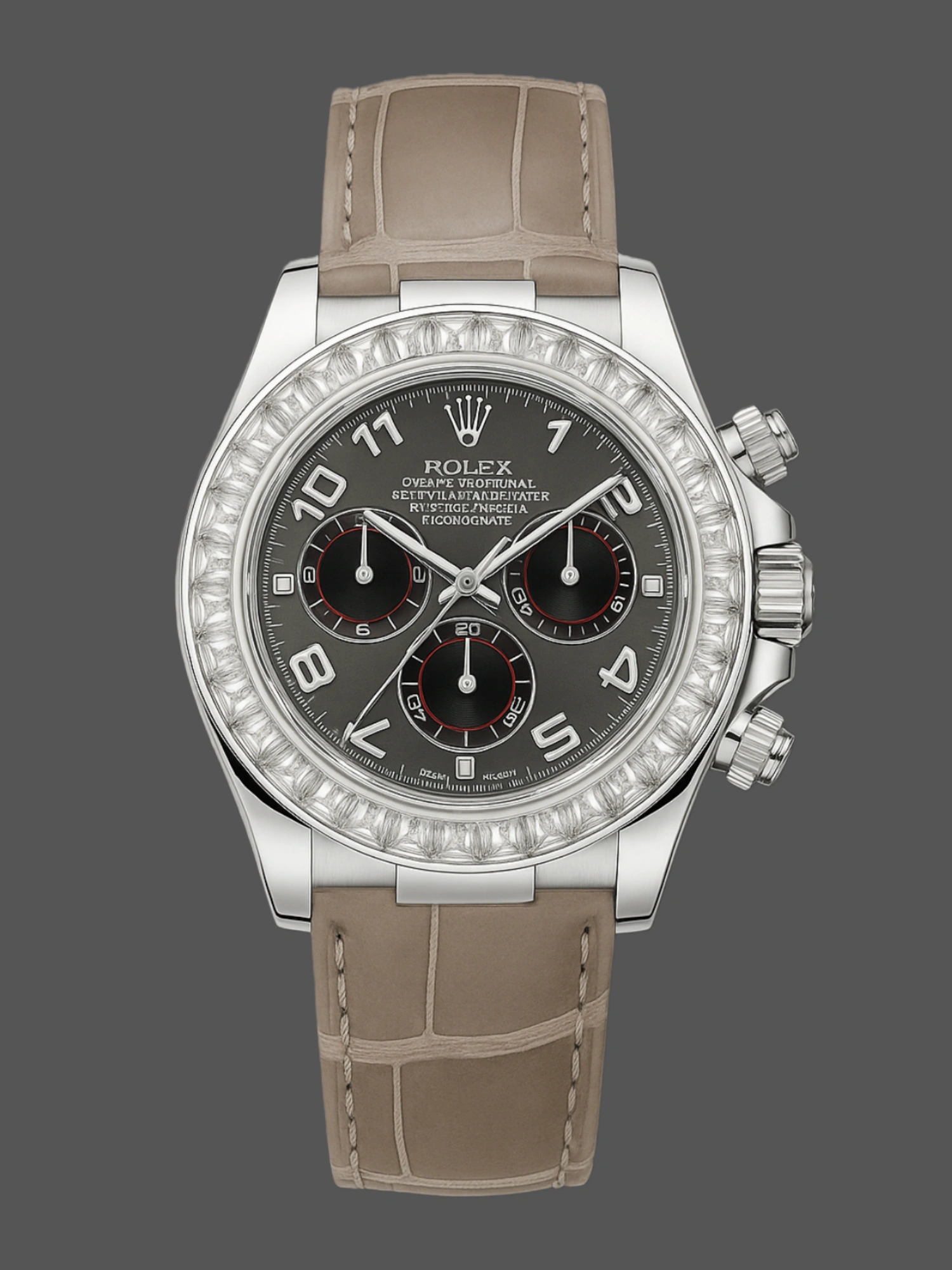 Front view of Rolex Daytona 116509 Diamond Edition with gray dial and white gold case.