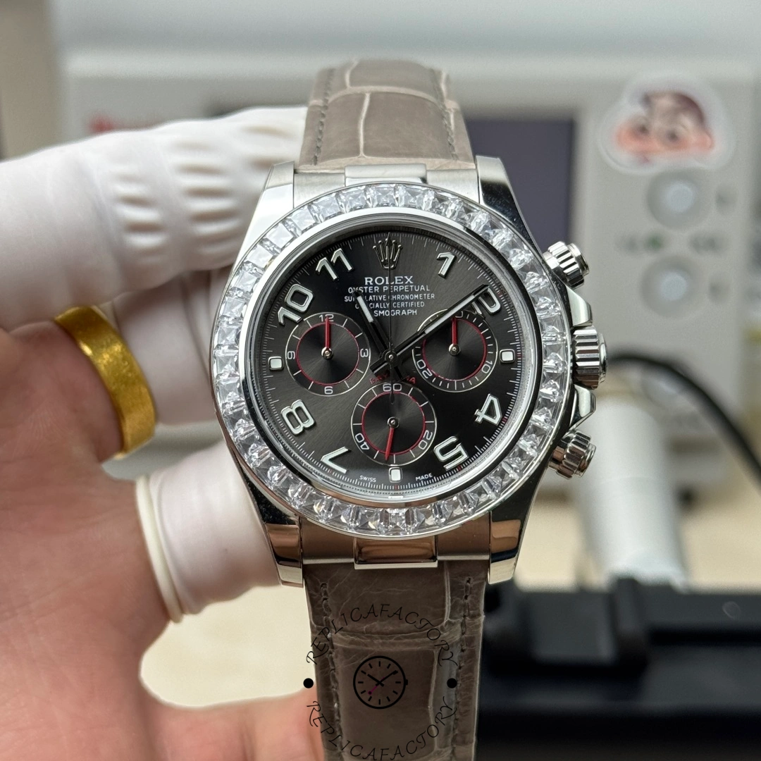 Real photo of Rolex Daytona 116509 showing diamond bezel and gray dial.