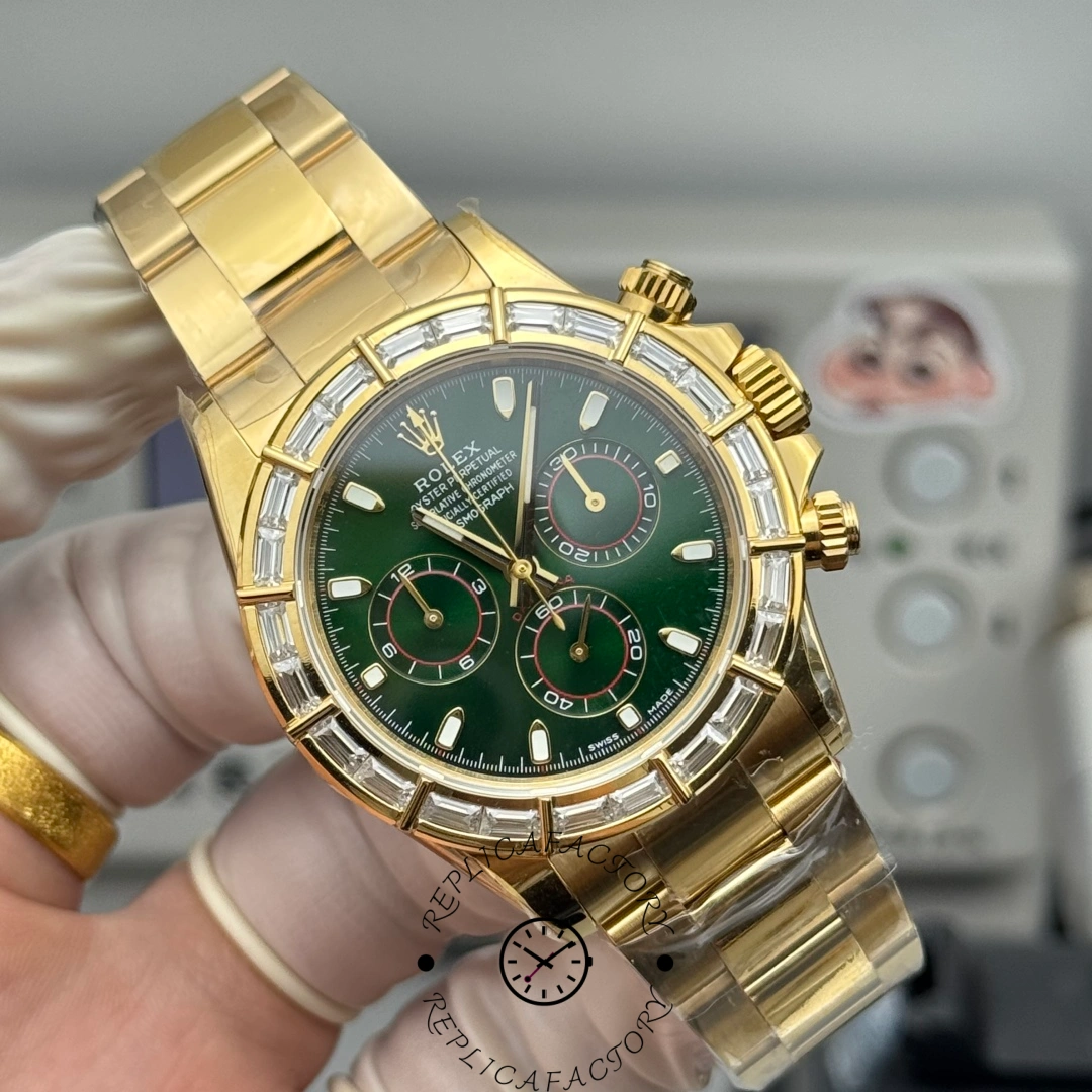 Angled view of Rolex Daytona 116568BR Diamond Edition in yellow gold with green dial.