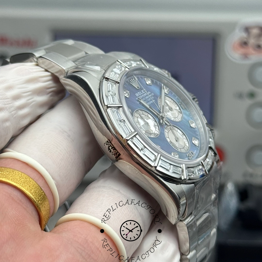 Left side view of Rolex Daytona 116589 showing polished white gold case and lugs.