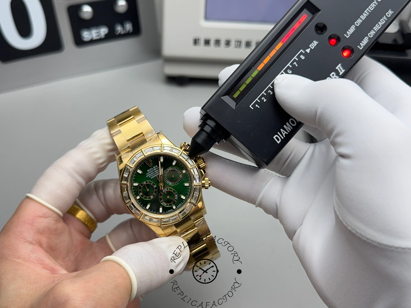 Macro shot of Rolex Daytona 116568BR during diamond bezel testing process.