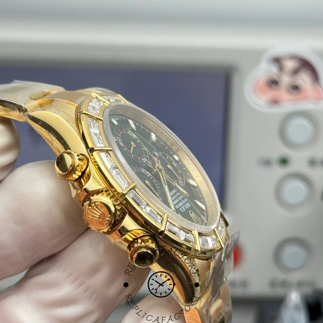 Right side view of Rolex Daytona 116568BR showing gold crown and pushers.