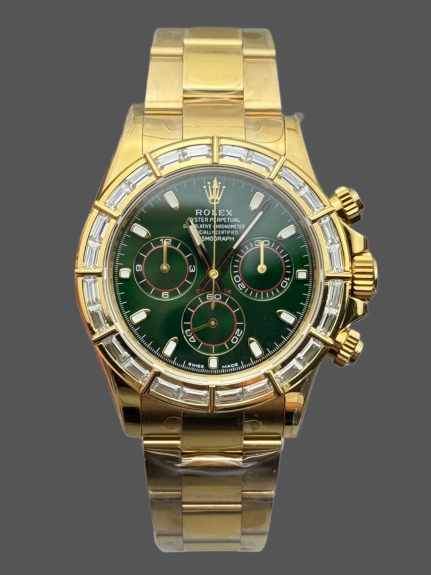 Front view of Rolex Daytona 116568BR Diamond Edition with green dial and yellow gold case.