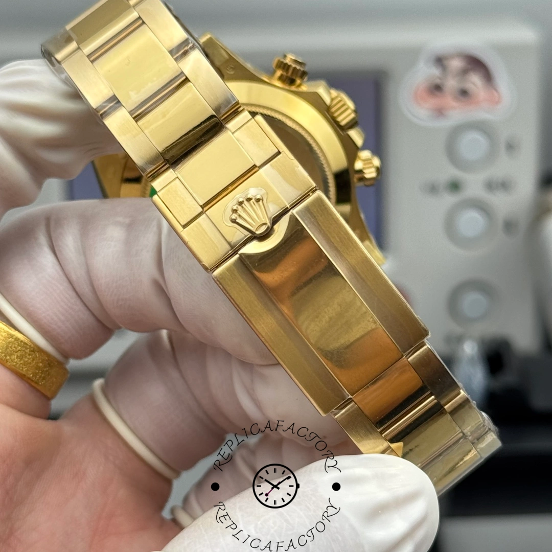 Bracelet clasp of Rolex Daytona 116568BR showing engraved Rolex crown logo.