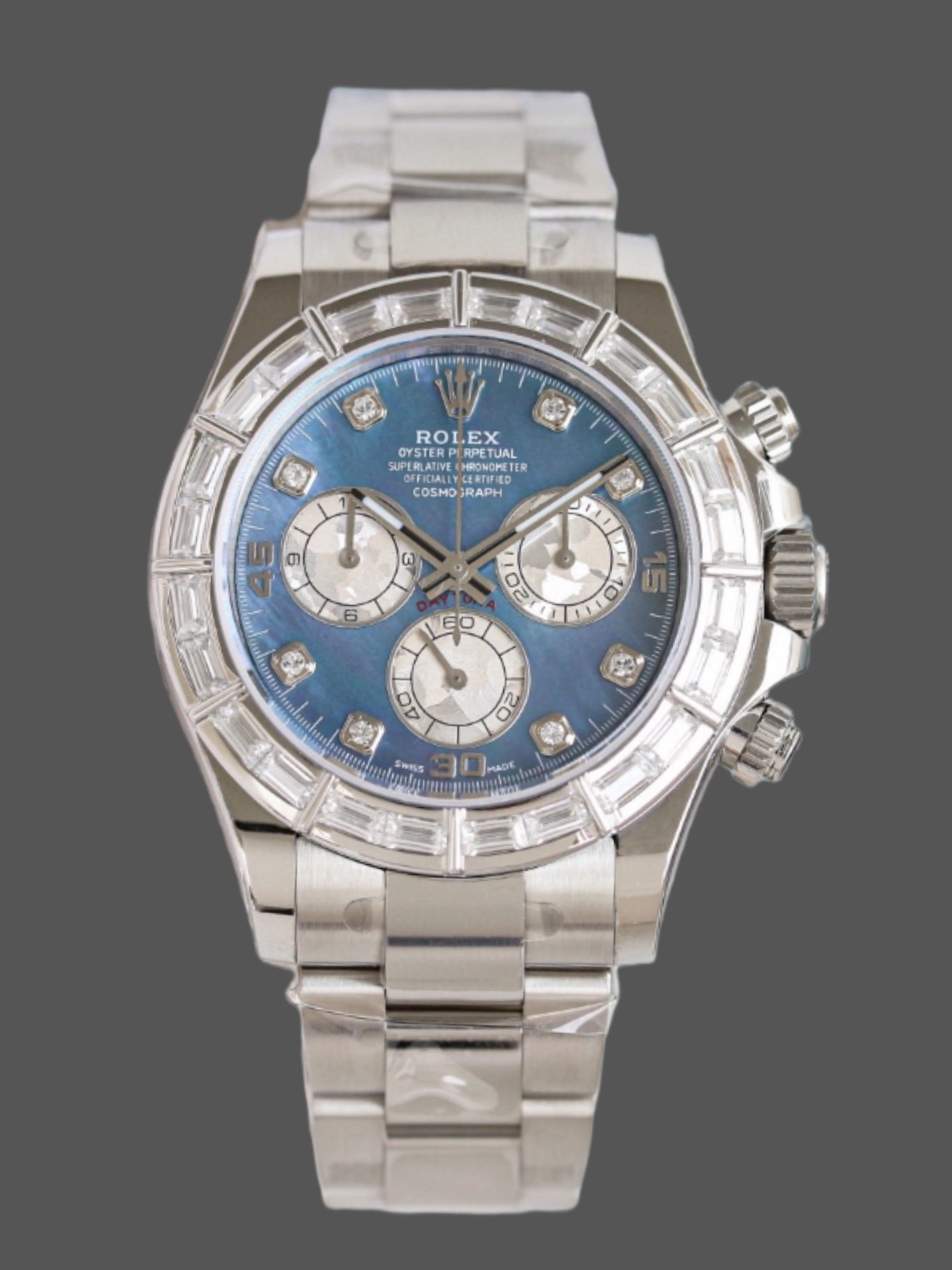 Front view of Rolex Daytona 116589 Diamond Edition with blue mother of pearl dial.