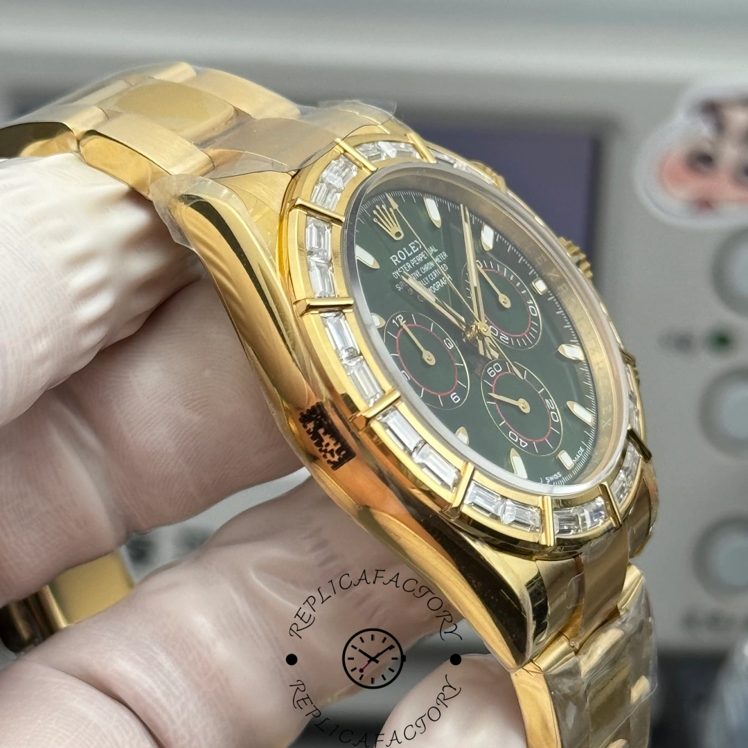 Left side view of Rolex Daytona 116568BR showing polished yellow gold case.