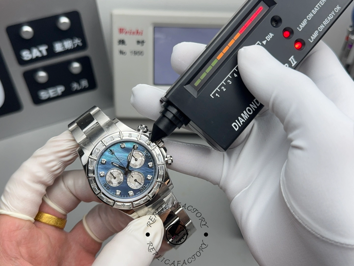 Macro shot of Rolex Daytona 116589 Diamond Edition during diamond testing process.