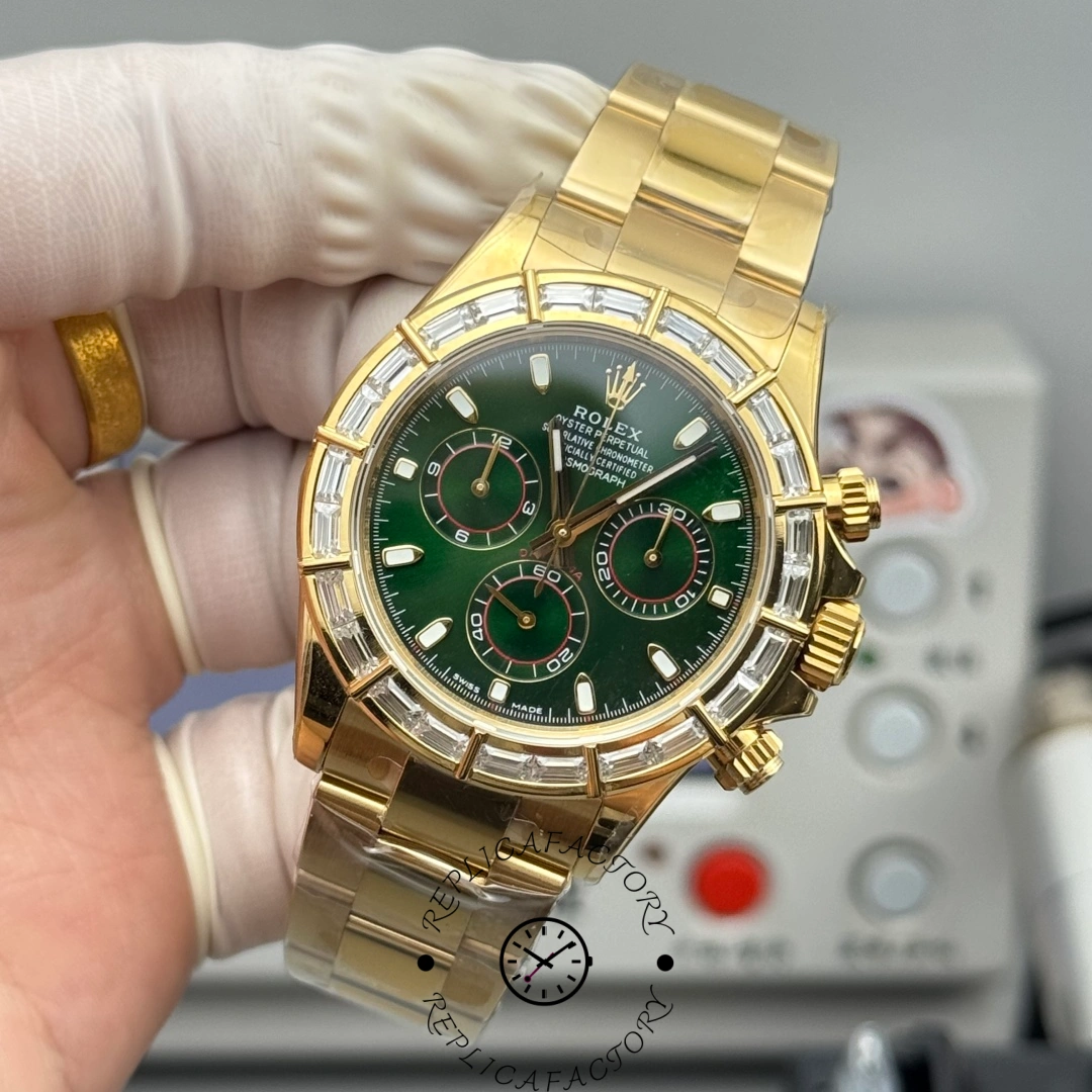 Handheld view of Rolex Daytona 116568BR with baguette diamond bezel and chronograph subdials.