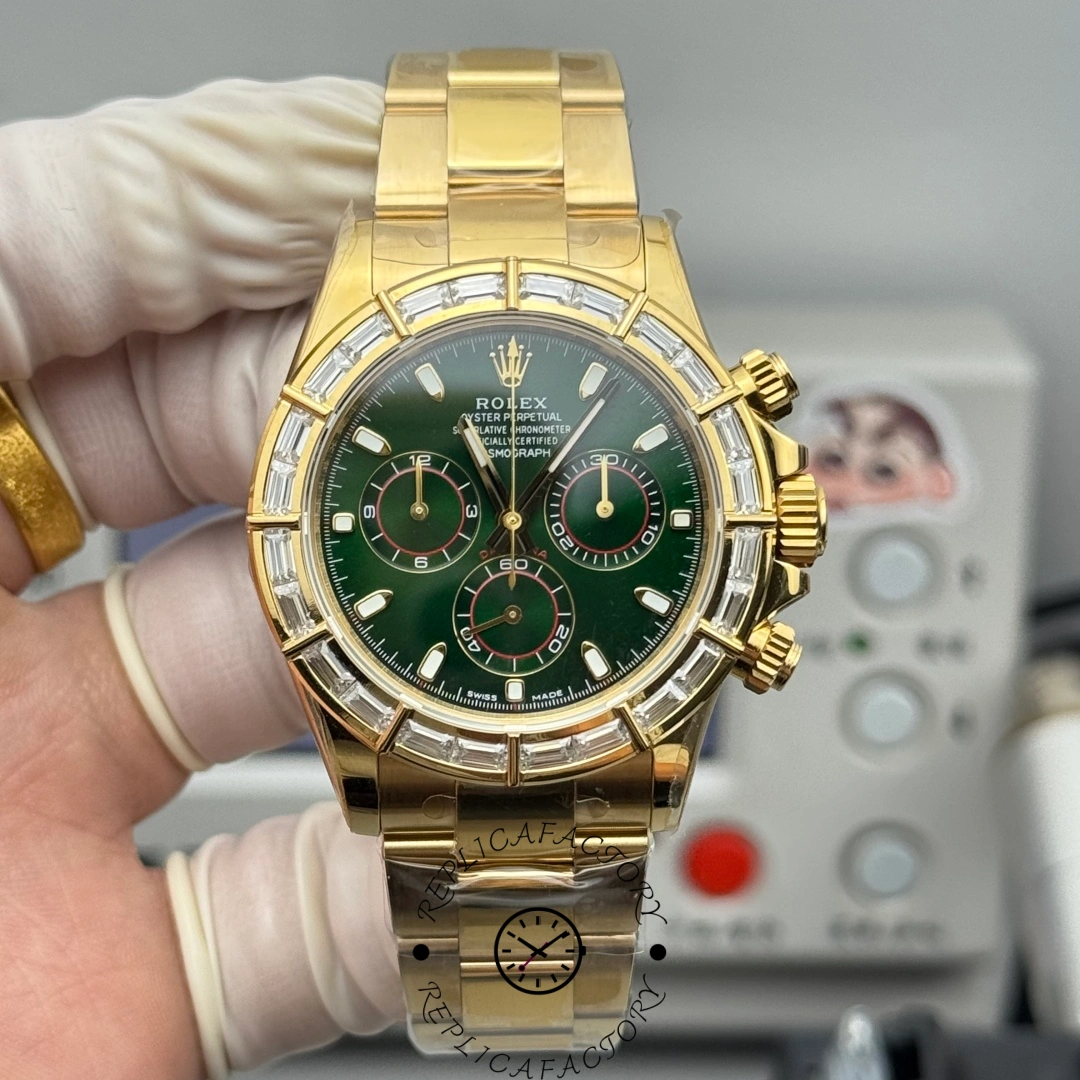 Real photo of Rolex Daytona 116568BR showing diamond bezel and green sunburst dial.