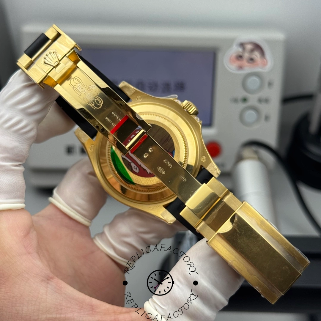 Inner clasp view of the Rolex Yacht-Master 42 226668TBR-0002 showing Rolex Geneva engravings and gold hallmarks.