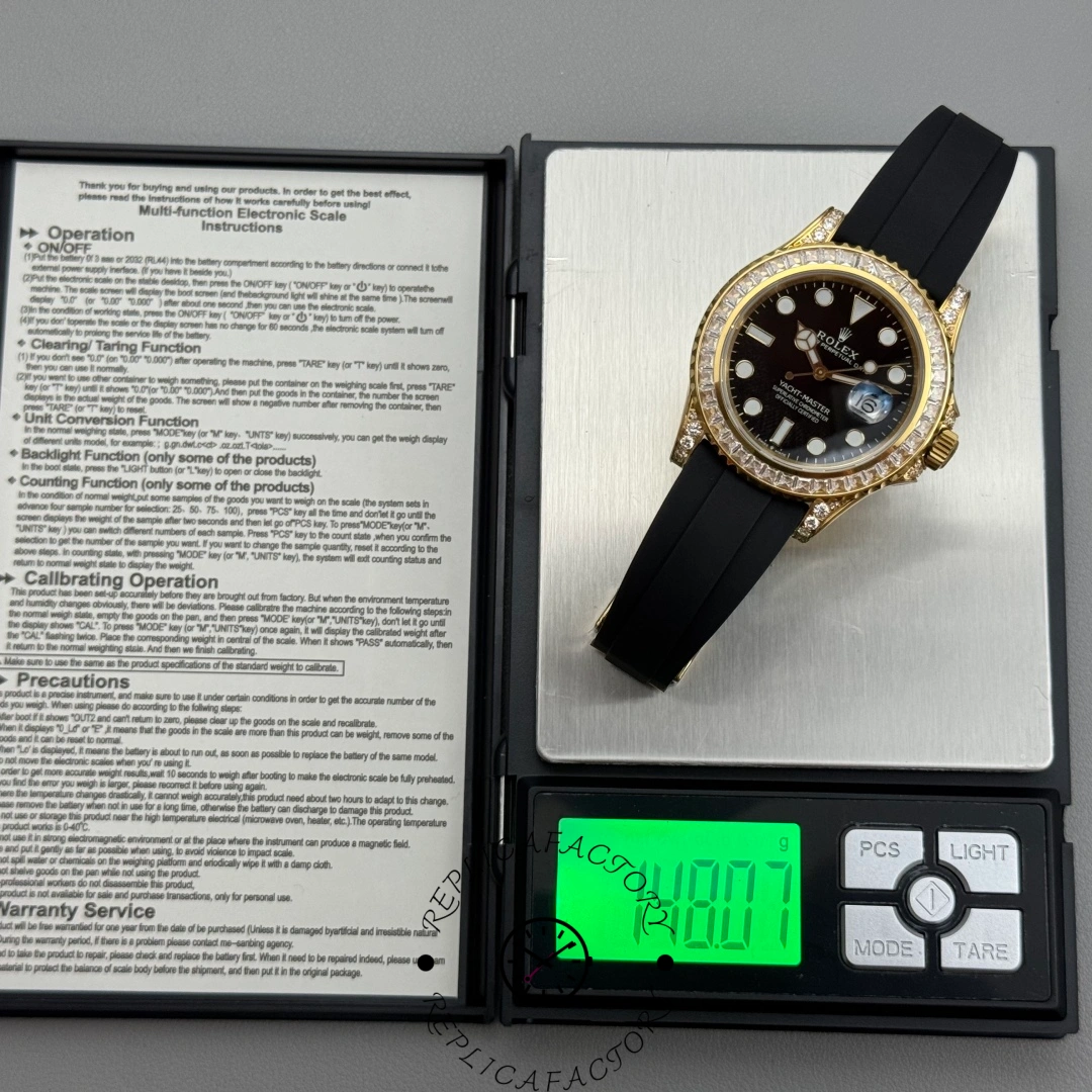 Rolex Yacht-Master 42 226668TBR-0002 placed on a digital scale showing total weight of 148.07 grams.