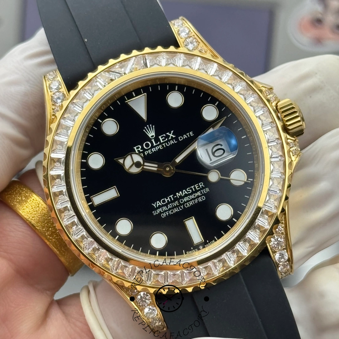 Macro close-up of the Rolex Yacht-Master 42 226668TBR-0002 showing baguette diamond bezel and dial detail.